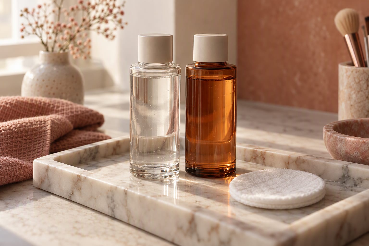 A bottle of liquid exfoliant and a cotton pad on a bathroom counter in soft morning light