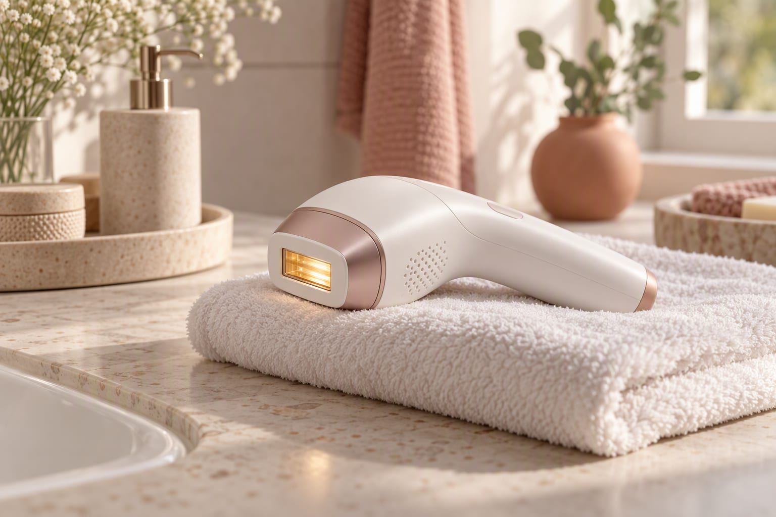 A hand holding an at-home IPL device against a lower leg in a bright bathroom