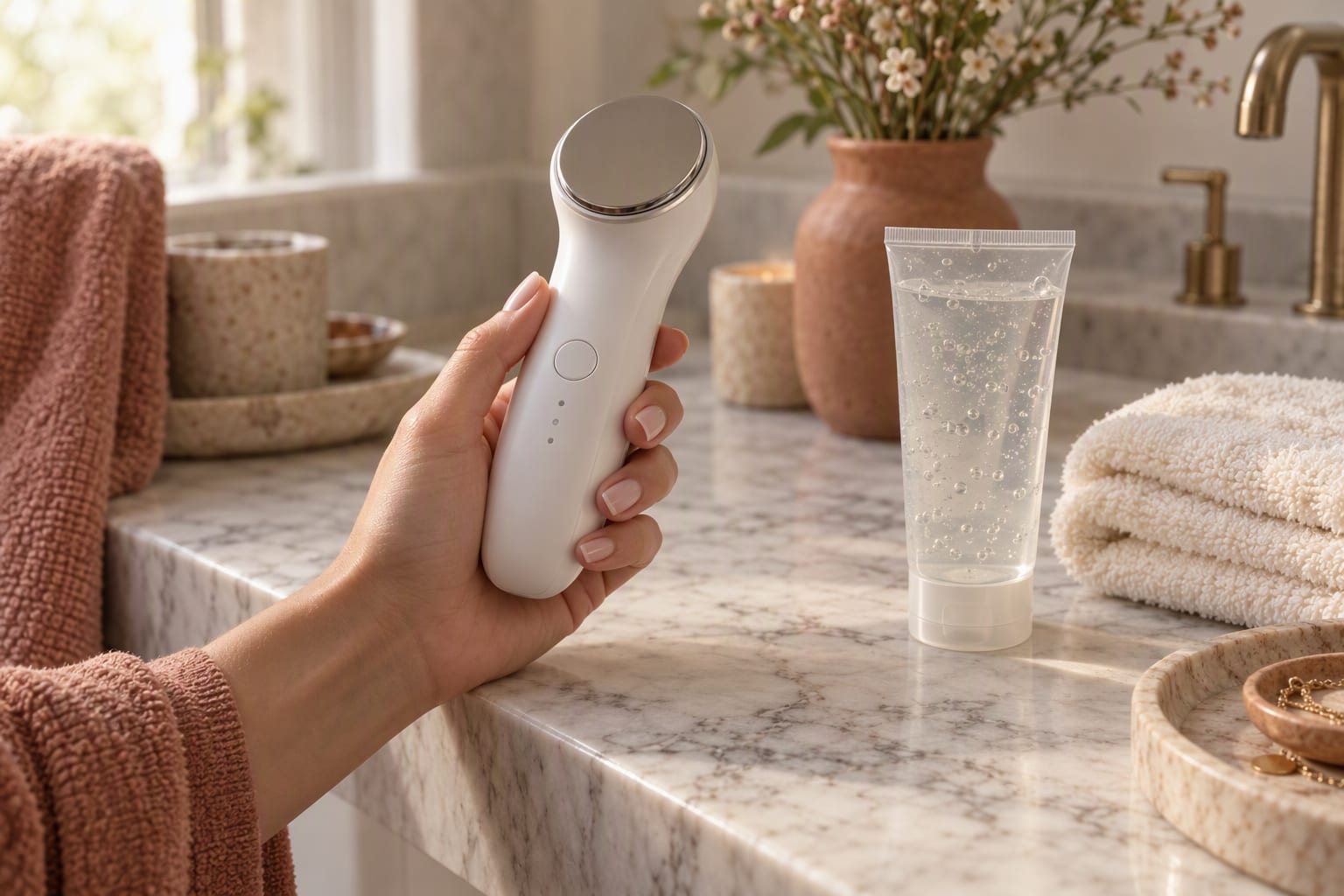 A hand guiding a small radio frequency device across a cheek beside a jar of clear gel