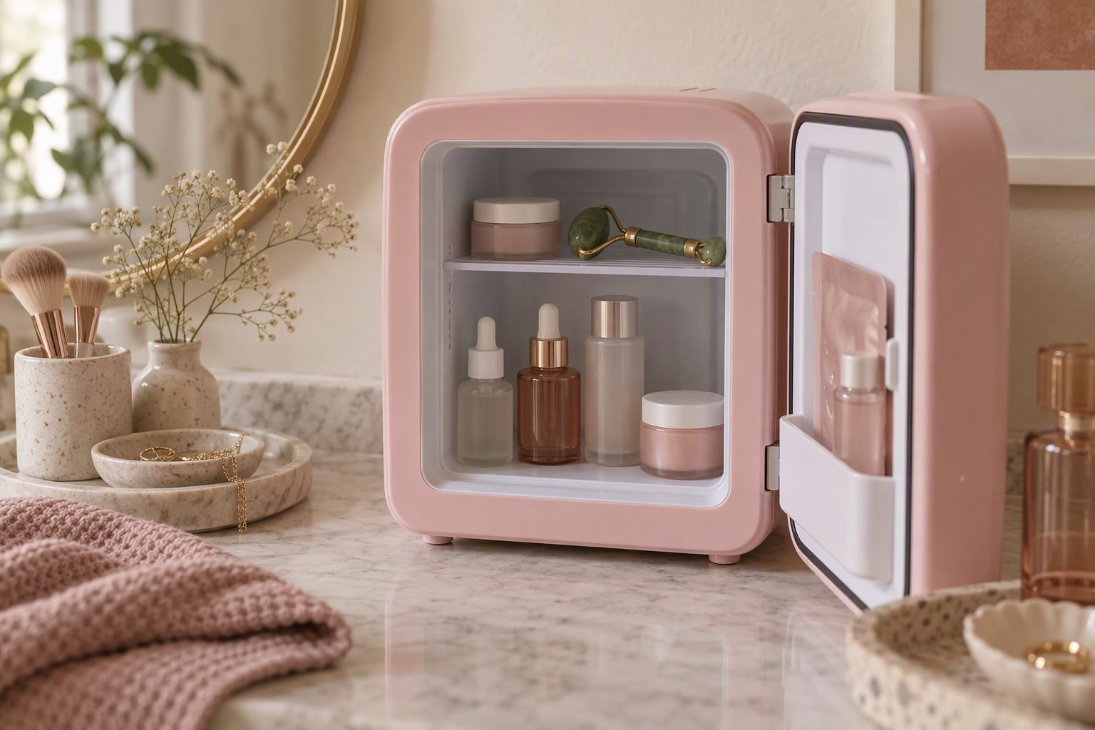 A small white mini fridge on a bathroom counter with a sheet mask and a jade roller inside