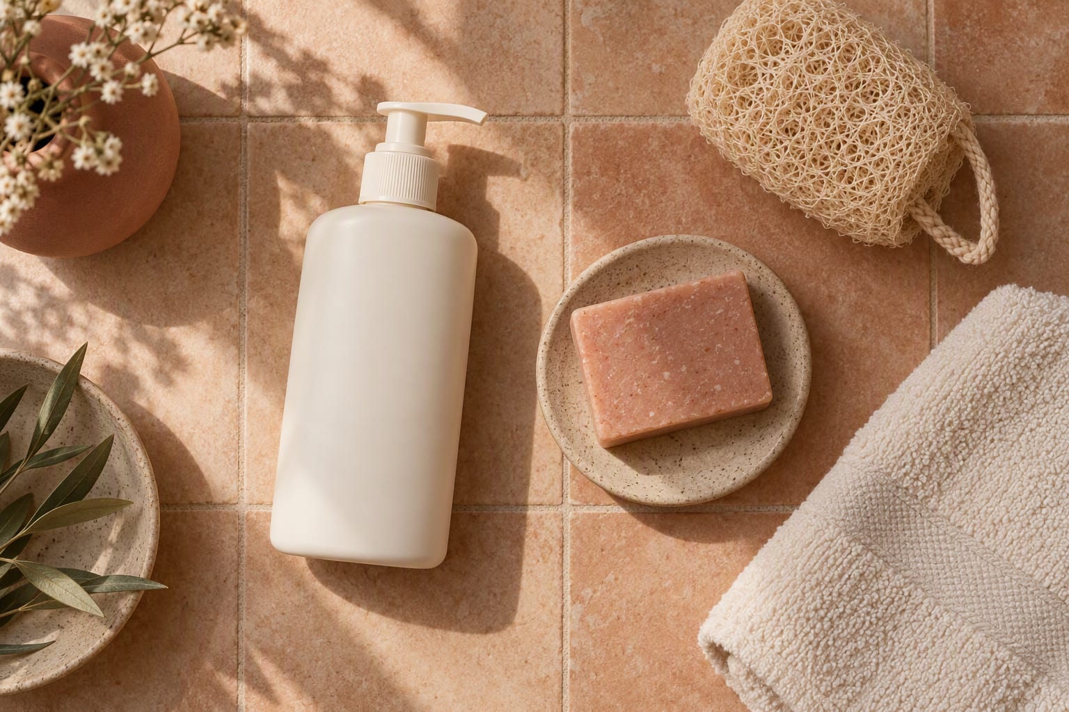 A bottle of body lotion and a jar of scrub on a bathroom ledge beside a folded towel after a shower