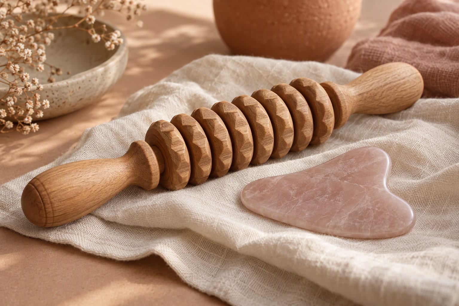 A percussion massage tool and a body roller lying on a gym towel beside a foam roller in a living room