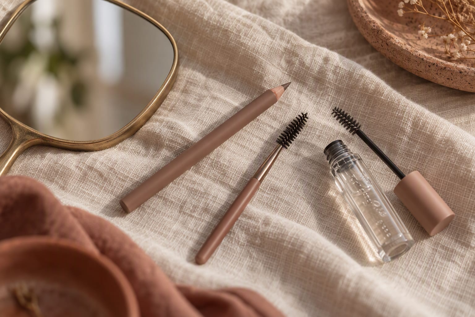 A small brow pencil and a tube of clear brow gel on a mirrored vanity tray