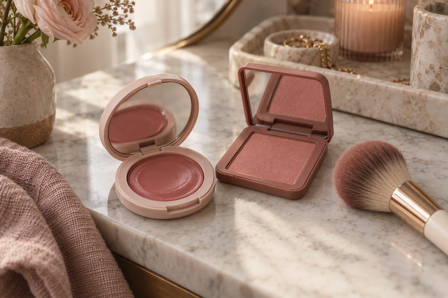 Two open blush compacts, one cream and one powder, on a marble counter