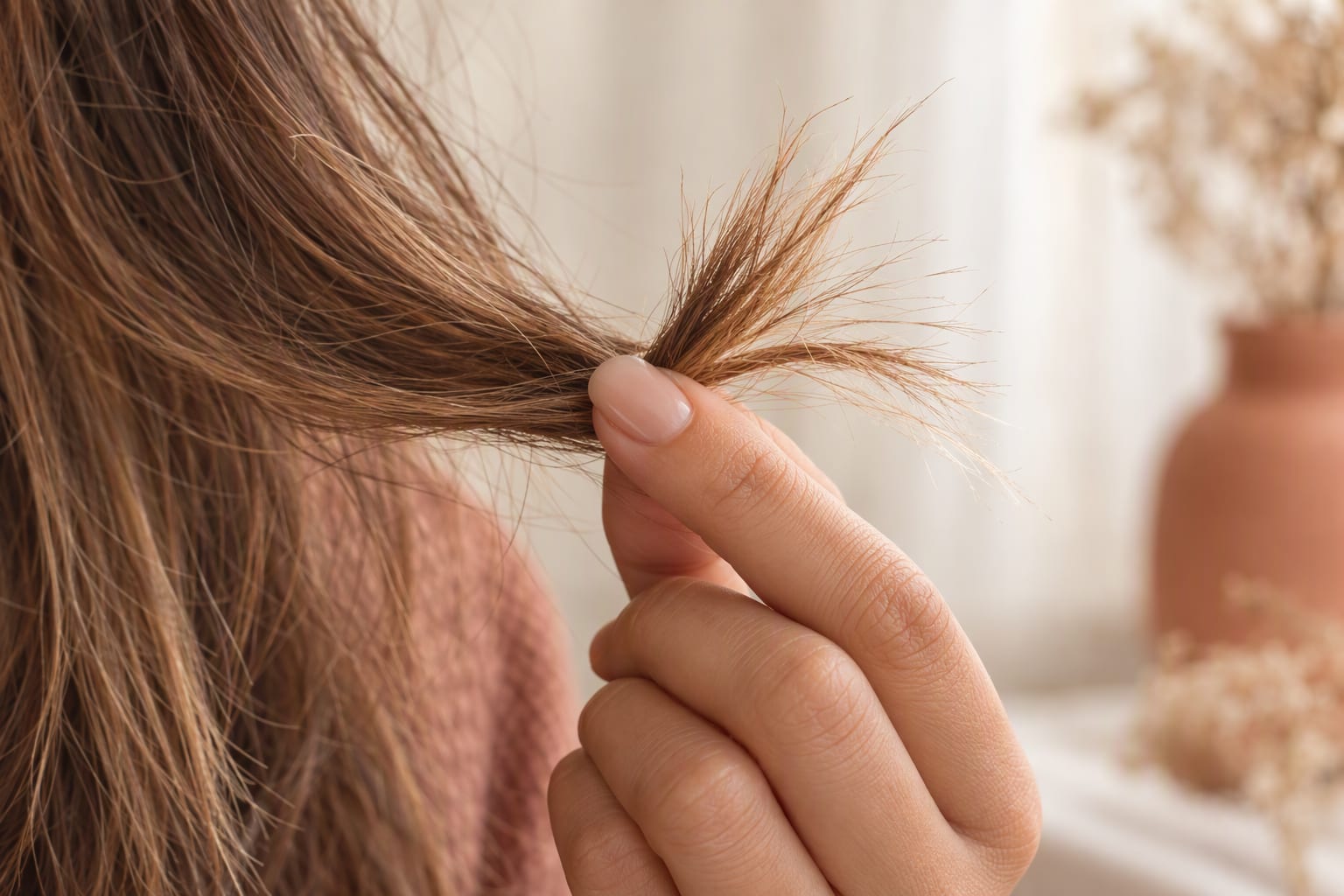 Split ends held up to a window for inspection next to a bottle of hair mask on a wooden shelf