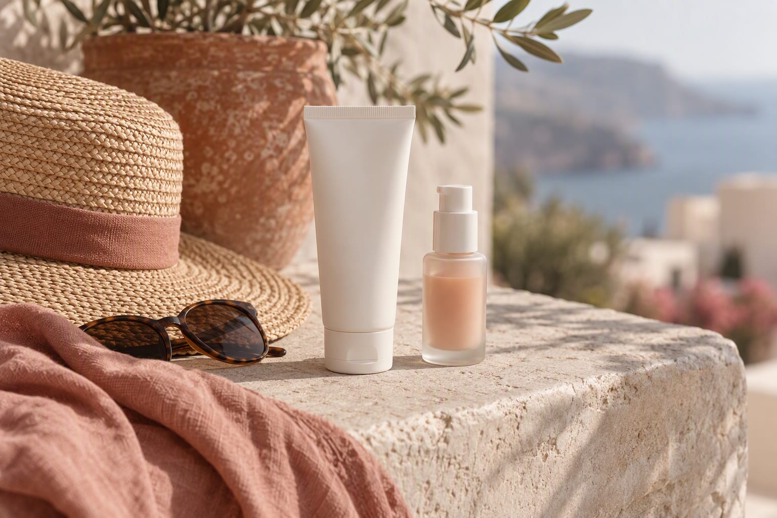 A tube of sunscreen on a hallway table beside a set of house keys and sunglasses
