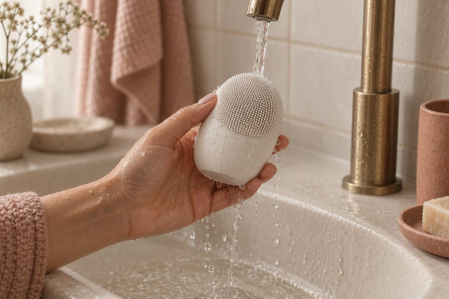 A silicone facial cleansing device on a bathroom shelf beside a tube of gentle cleanser