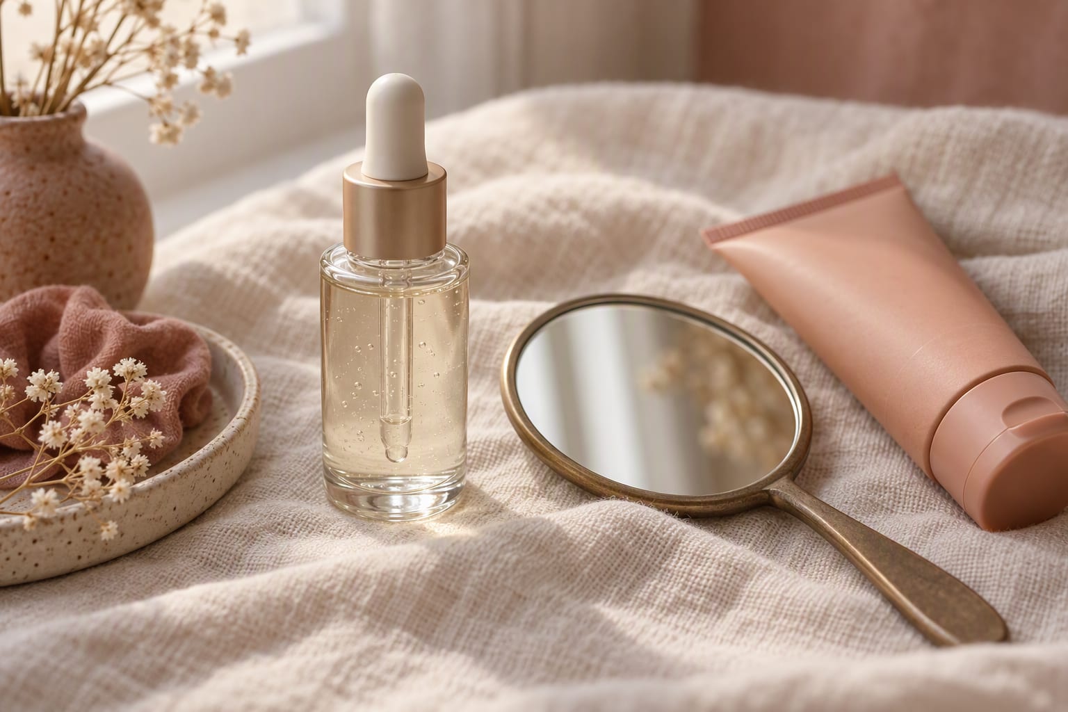A tube of sunscreen and a serum bottle beside a sun hat on a windowsill