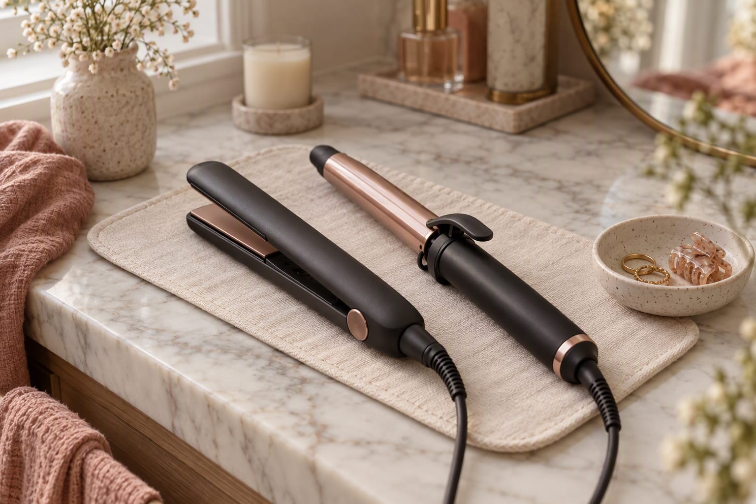A flat iron and a curling wand lying side by side on a dressing table next to a heat protectant spray