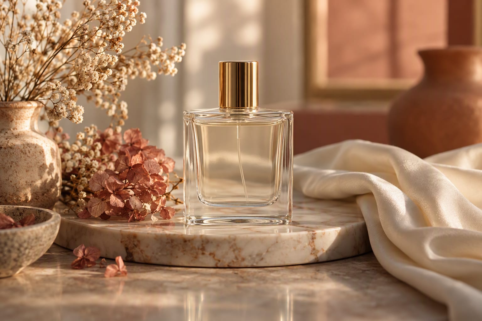 A glass perfume bottle on a bedroom dresser beside a jar of unscented body lotion and a folded scarf