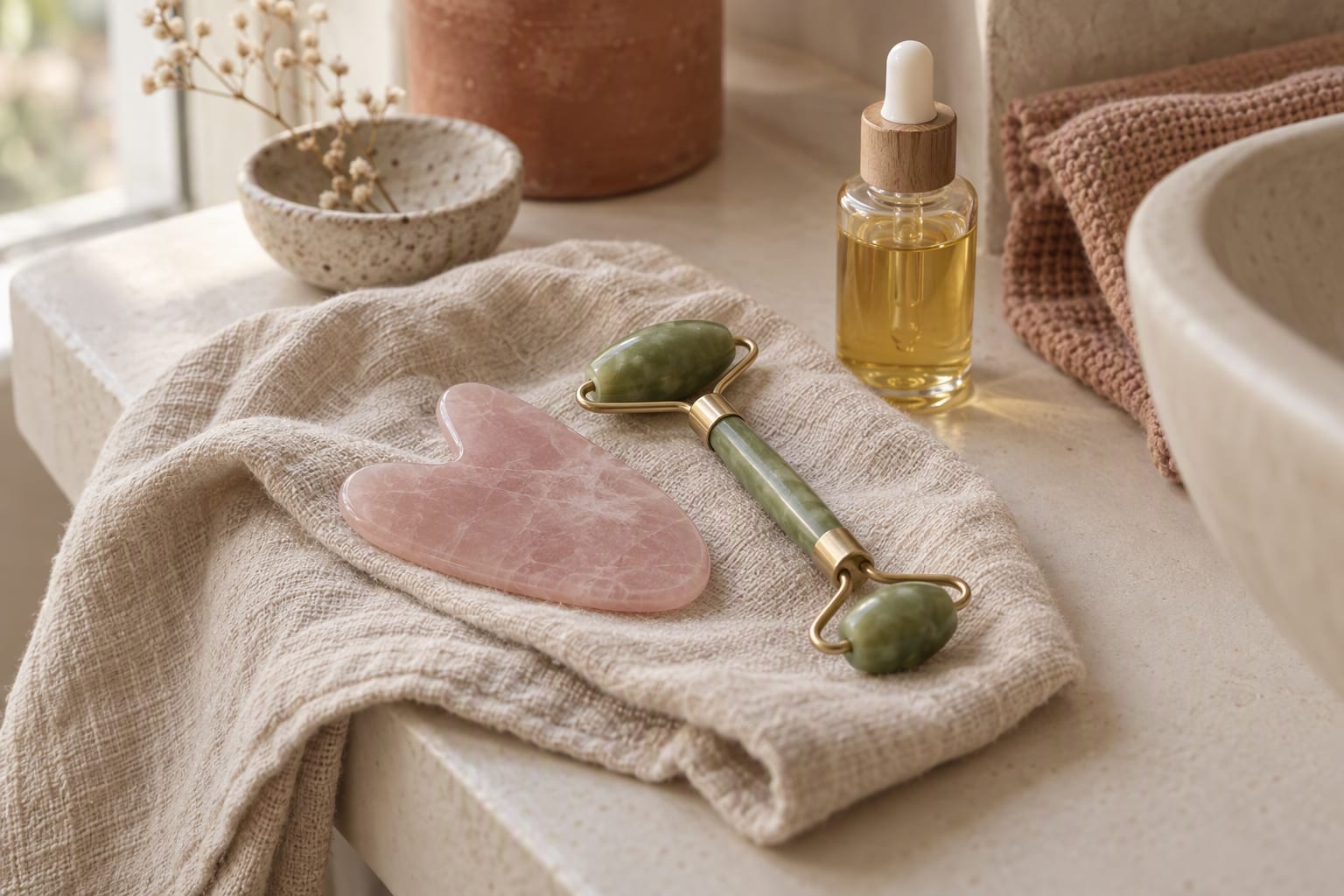 A rose quartz gua sha stone and a jade roller resting on a folded white towel on a bathroom shelf