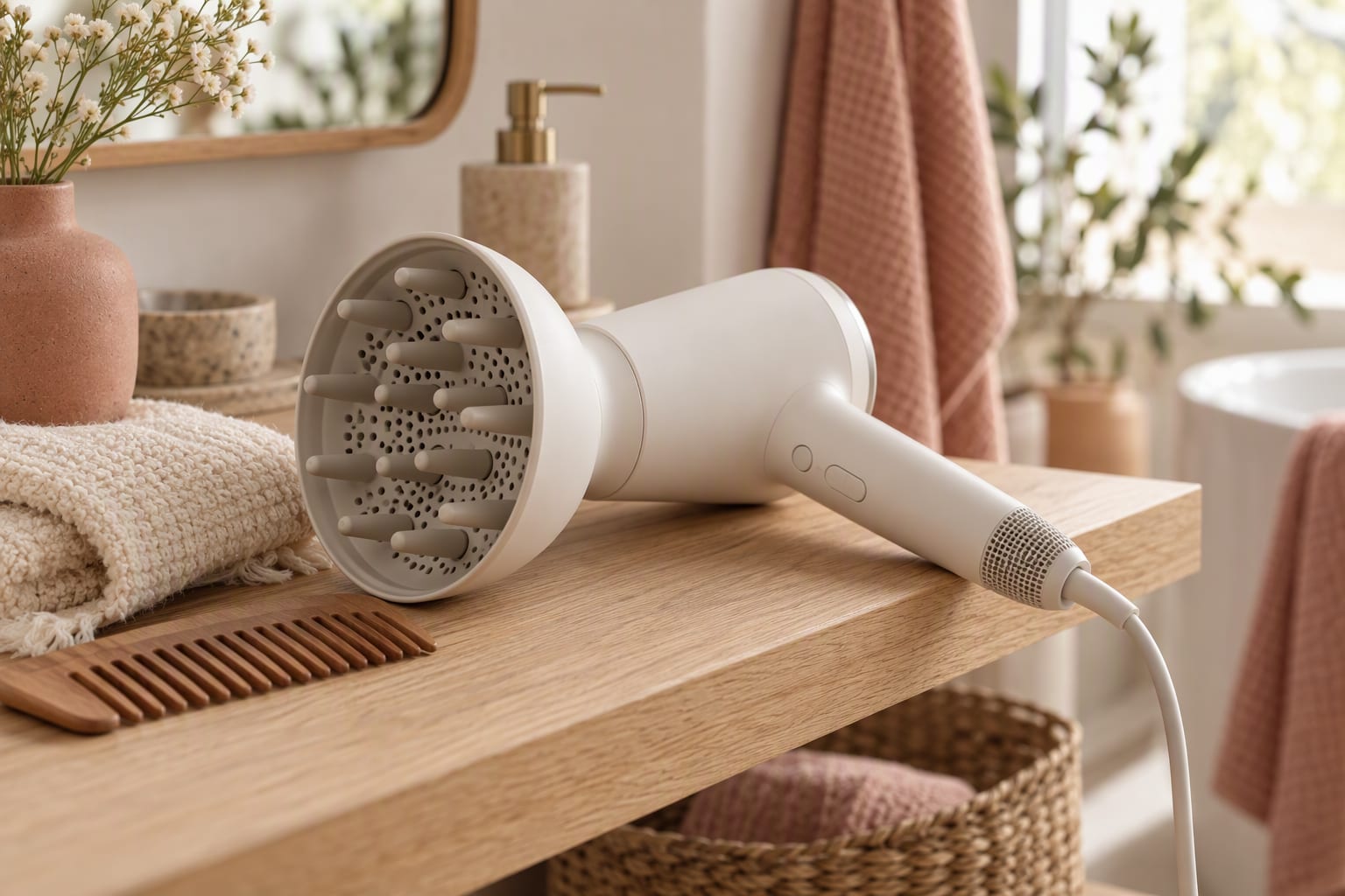 A hair dryer resting on a marble counter beside a wide-tooth comb and a folded towel