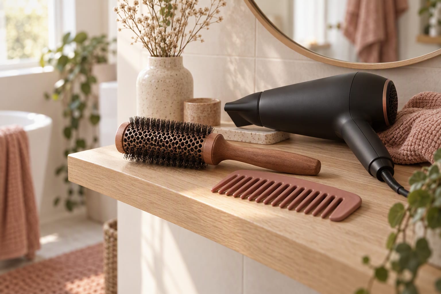 A flat iron and a curling wand resting on a heat-resistant mat beside a spray bottle of heat protectant