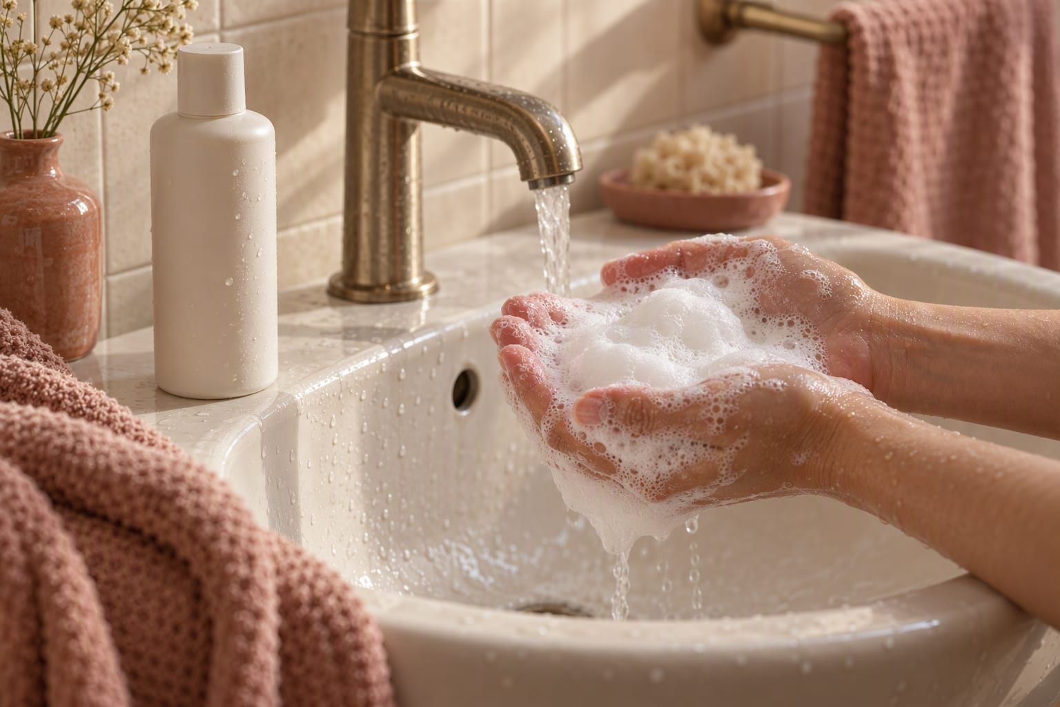 Hands working shampoo lather into wet hair over a bathroom sink with a towel nearby