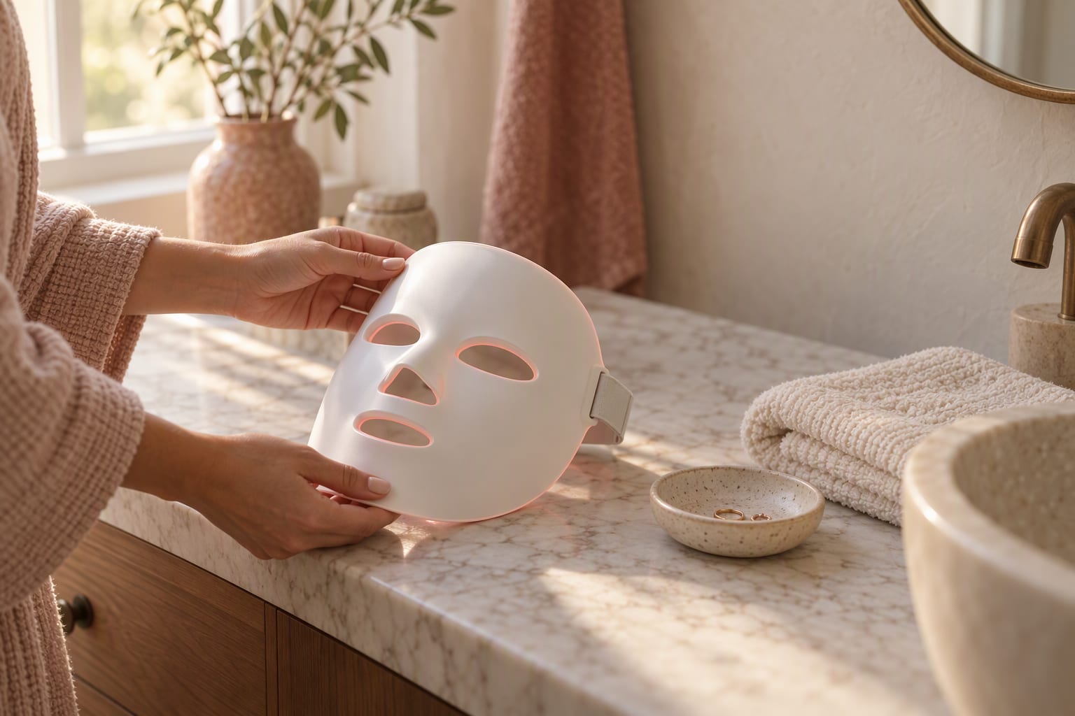 An LED light therapy mask resting on a bathroom counter beside a folded towel