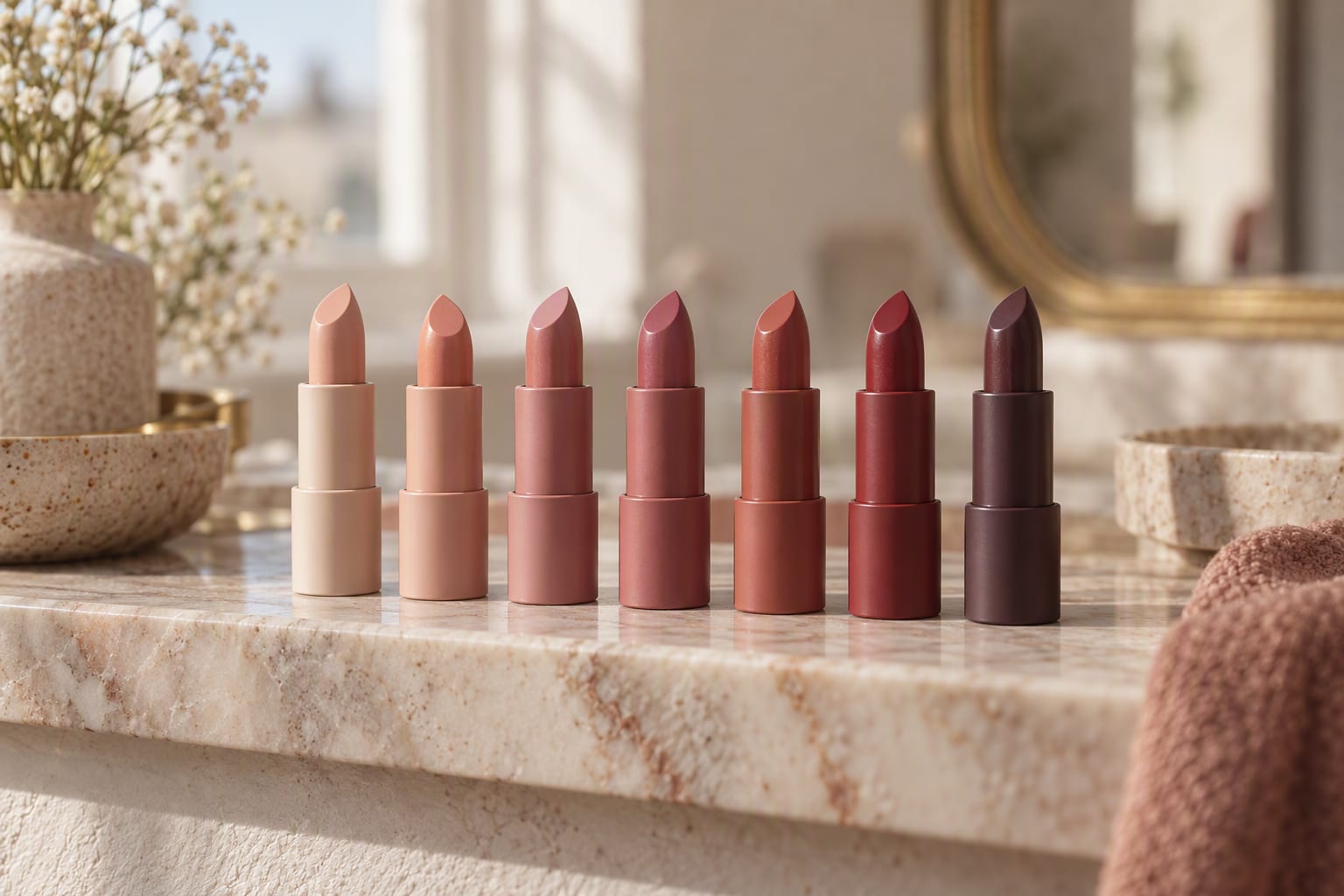A row of lipsticks swatched on a wrist in daylight near a window