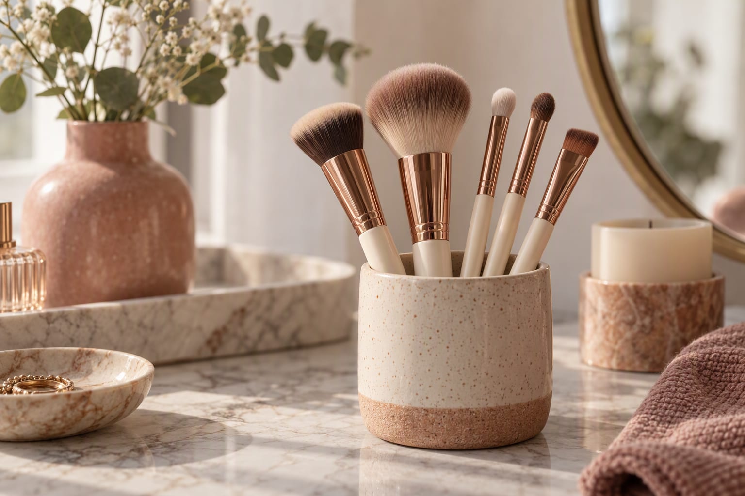 A row of makeup brushes drying flat on a white towel beside a bathroom sink