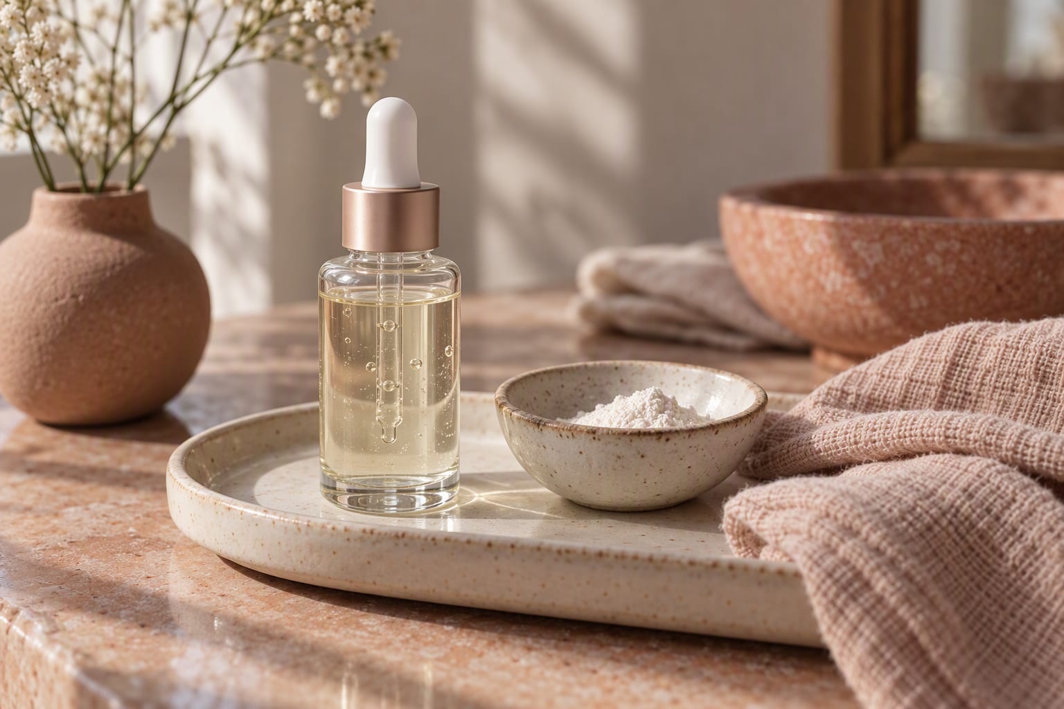 A small dropper bottle of niacinamide serum on a marble counter beside a glass of water