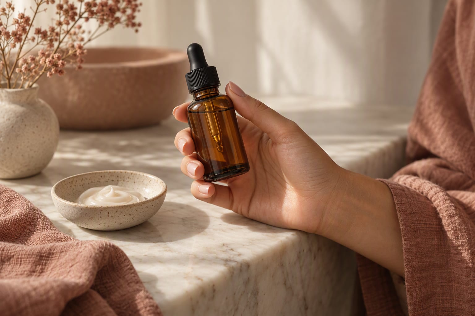 A pump bottle of retinol serum next to a thick moisturizer jar on a bedside table at night