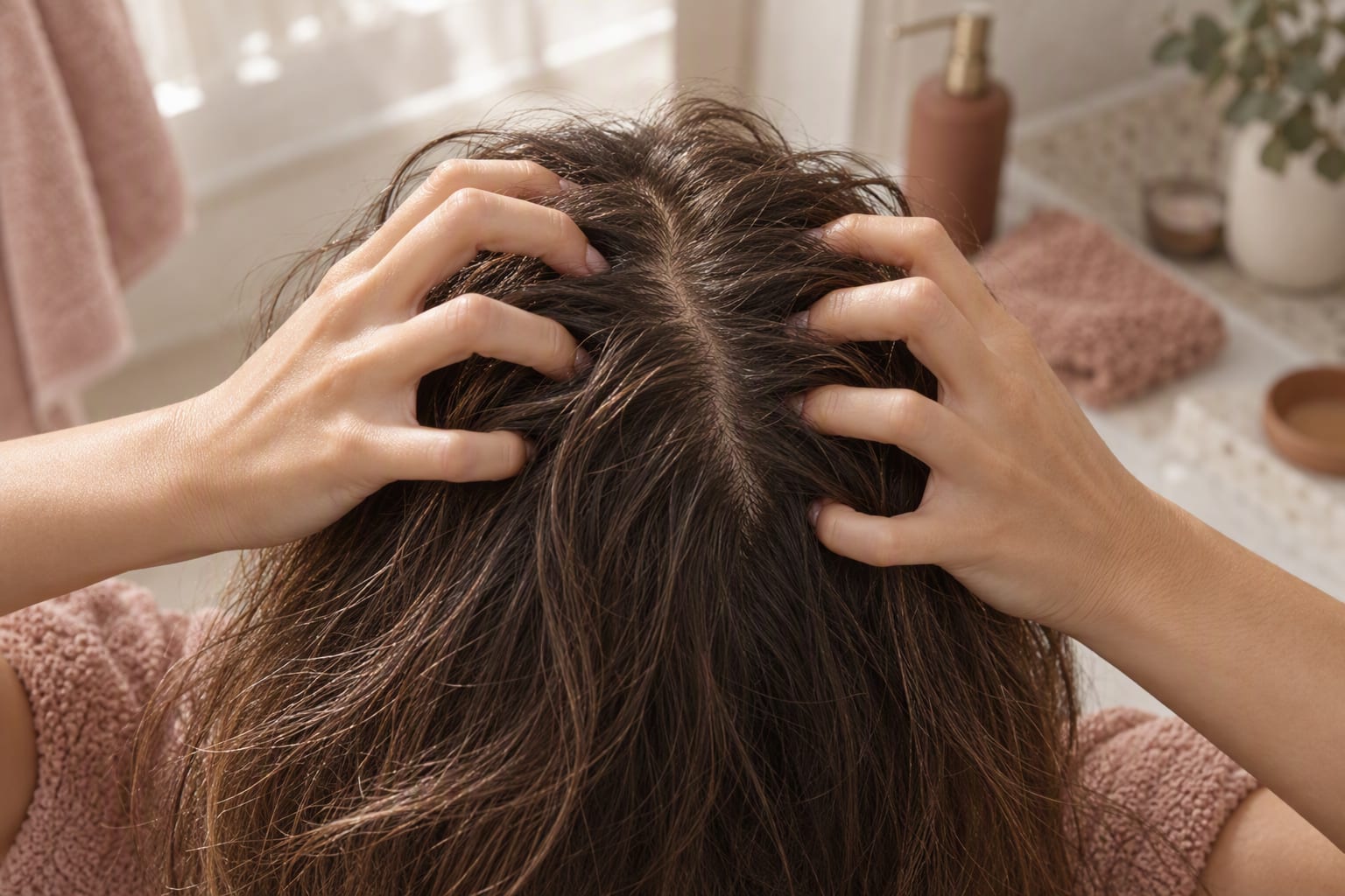 A woman parting her hair at the mirror to look closely at her scalp in soft morning light