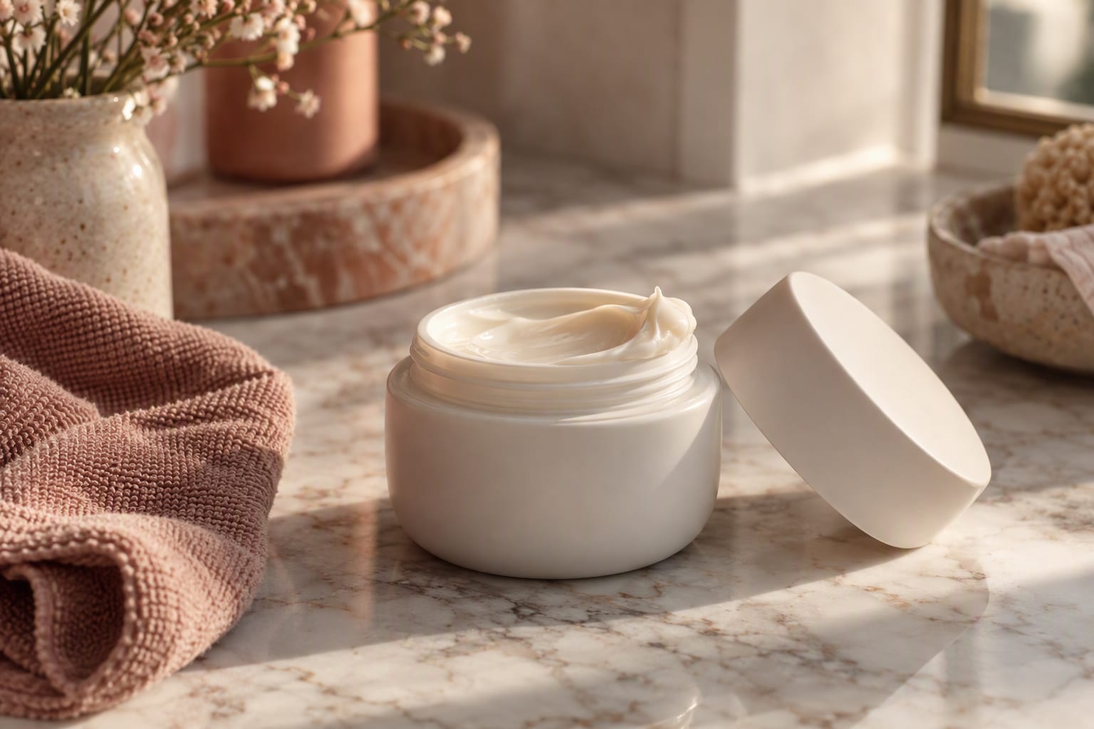 A tub of thick moisturizer open on a bathroom counter next to a fluffy towel