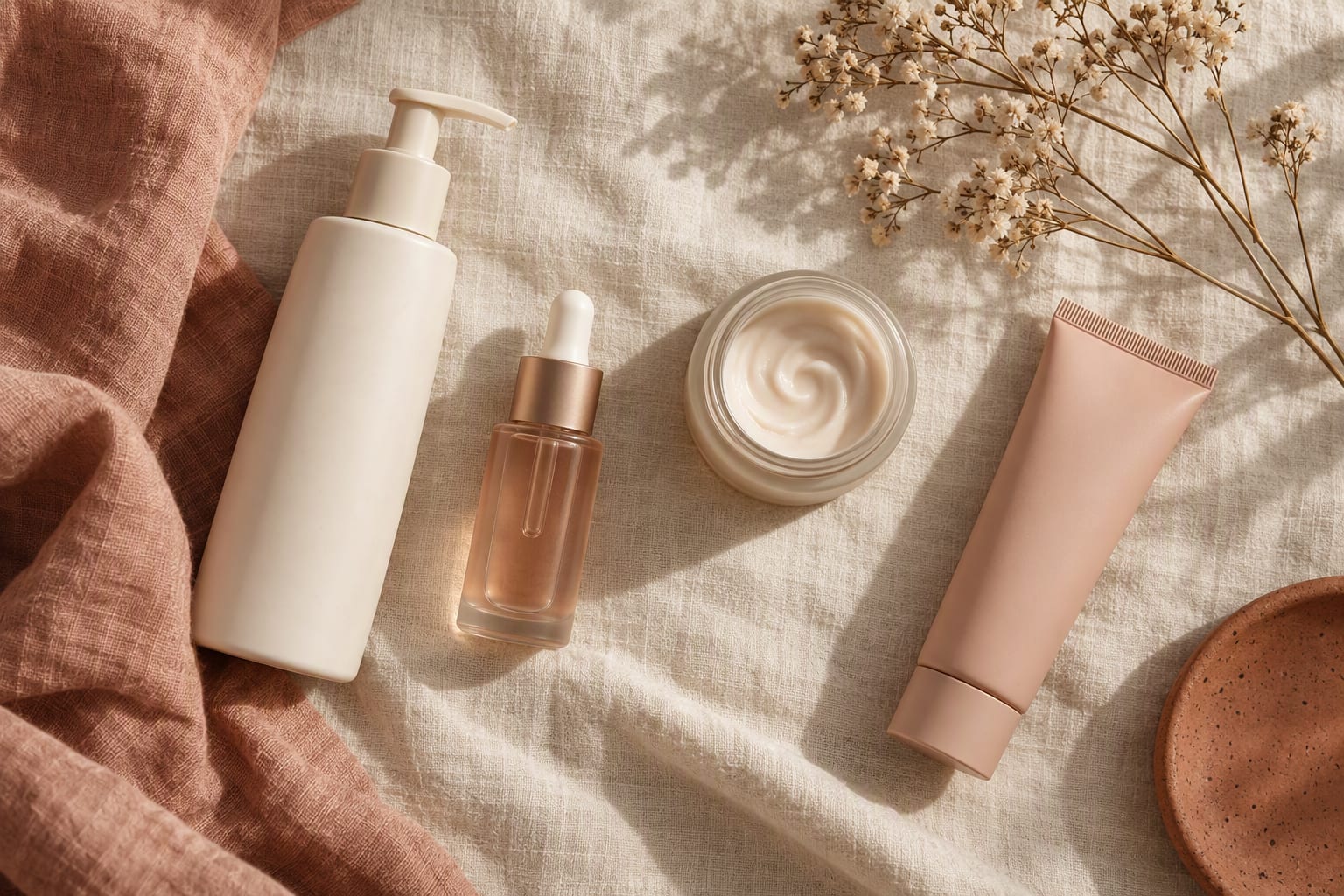 A small cluster of skincare bottles on a bathroom shelf beside a damp face towel