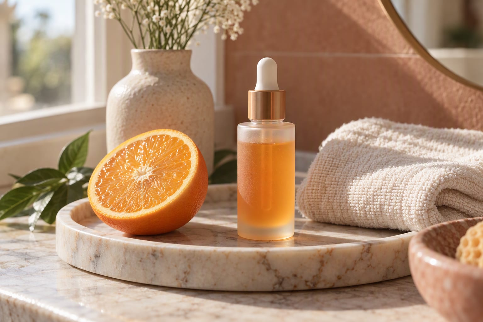 An amber dropper bottle of vitamin C serum on a windowsill next to a small hand mirror